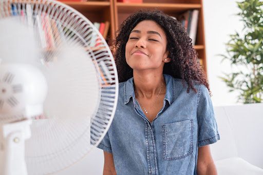 A smiling woman sitting in front of a fan.